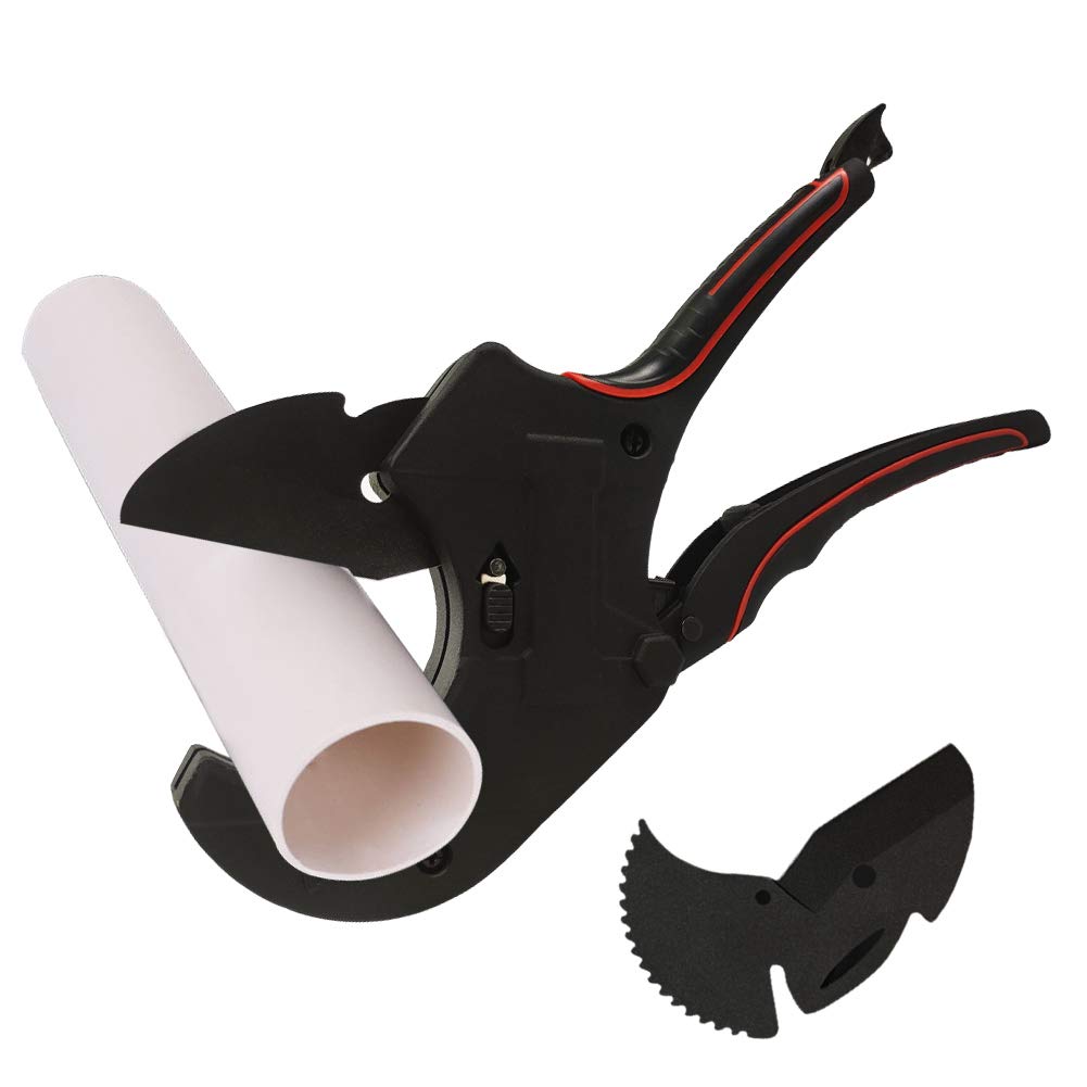 DUEBEL Cortatubos Cortador de PVC Cortador de tubo de manguera con trinquete para cortar PE PEX O.D. Cortador de tubos de plástico polivinílico PPR Rango de corte de hasta 2,95 pulgadas (75 mm negro)