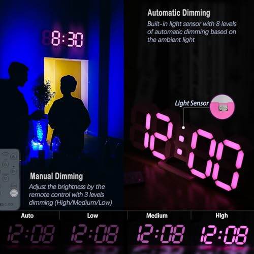Image of KOSUMOSU 9.7 Inch 3D Pink LED Wall Clock, Table Clock for Living Room, Modern Digital Clock for Bedroom, Aesthetic Desk with Remote Control /Dimming /12 /24 Hours
