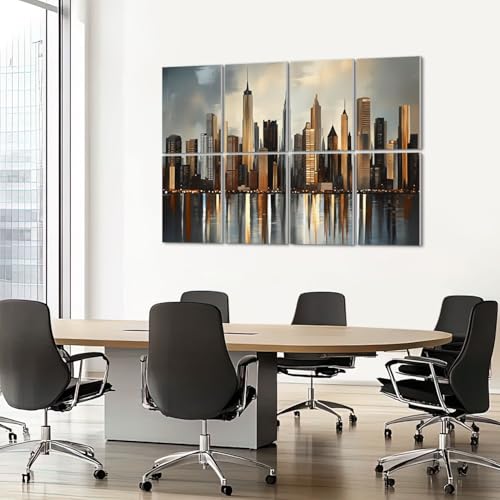 8 Pack Art Acoustic Panels Sound Absorbing City Gold Grey Modern Cityscape Skyscrapers Buildings Glass Facades Decorative Soundproof Wall Panels Self Adhesive for Recording Studios Office 48"x32" miniatura 7
