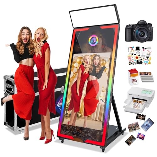 Magic Mirror Photo Booth with Camera and Printer, 65-43in Interactive Touch Screen Mirror Photo Booth with Flight Case RGB Light Square Light Instant Print and Share for Parties Wedding Christmas