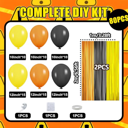 Image of Construction Balloon Garland Arch Kit Birthday Party Decorations Supplies, Yellow Orange Black Foil Fringe Curtains Backdrop Tinsel Streamer Photo Booth Props Truck Car Themed Party Decor