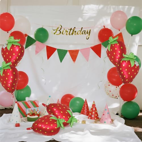 Image of Lovely Matt Hot Red Sweet Strawberry Balloons, Picnic Theme Cartoon Fruit Berry Foil Mylar Balloon For Baby Shower Wedding Valentine's Day Gender Reveal Birthday Party Decoration Supplies