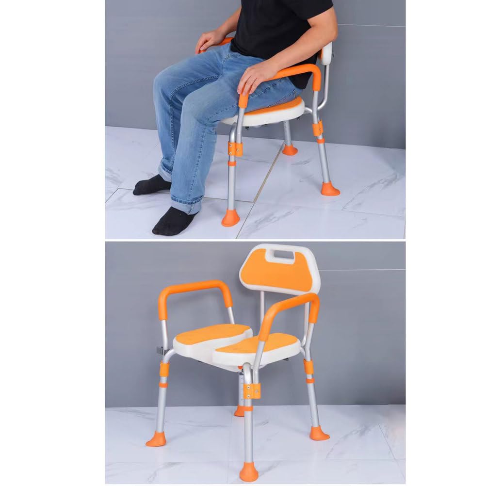 Silla de Ducha en Forma de U Banqueta Ajustable para bañera, Asiento de baño, Taburete de Ducha con Respaldo y reposabrazos, Ideal para Embarazadas y Personas Mayores,Naranja,Rubber Pads