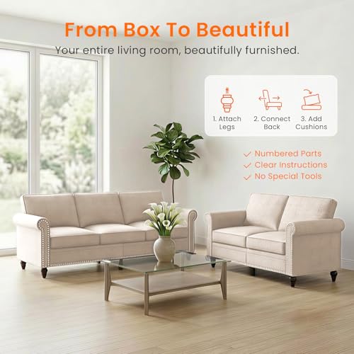 Image of ijuicy 2 PCS Sectional Sofa Set Loveseat + 3 Seat Sofa-Beige | Modern linen upholstered couch furniture with 5 inch thick cushions and nailhead trim, ideal for living rooms, homes
