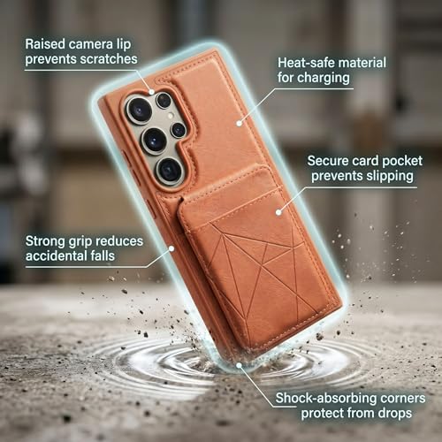 Image of amazon basics Premium Vegan Leather Back Cover with Card Holder and Integrated Mobile Stand for Samsung Galaxy S24 Ultra 5G - Slim Shockproof Wallet Case with Geometric Stitching [Tan]
