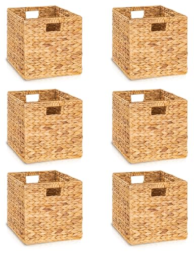 Image of TREVIETDECOR 12.6x12.6in Wicker Storage Baskets, Handwoven Water Hyacinth Foldable Cube Bins Fit 13.6" × 13.6" and Larger Cube Shelves, Set of 6 (Natural)