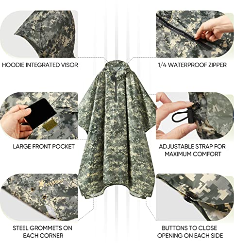 Image of PTEROMY Hooded Rain Poncho for Adult, Waterproof Lightweight Unisex Raincoat for Hiking Camping Emergency