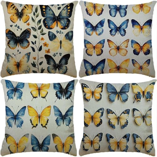 Funda Cojin amarillo Paquete de 4 50x50cm Mariposa Cojines para Sofa Fundas de Cojín Cuadradas Fundas de cojín de Lino con de dos Caras Estampado para Sofá, Estar, Dormitorio, Festival Regalo XW-171