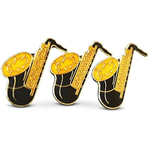 3-Piece Brass Saxophone Musician Lapel or Hat Pin & Tie Tack Set with Clutch Back by Novel Merk