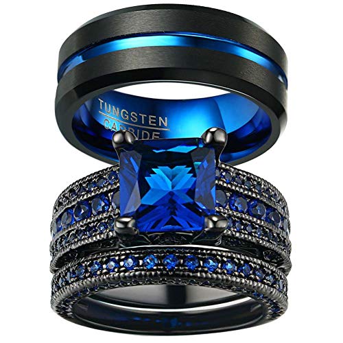 Ringcrown Couple Rings Black Gold Filled Princess Cut Blue Cz Womens Wedding Ring Sets Man Tungsten Wedding Band?Please Buy Two Rings for one Pair?