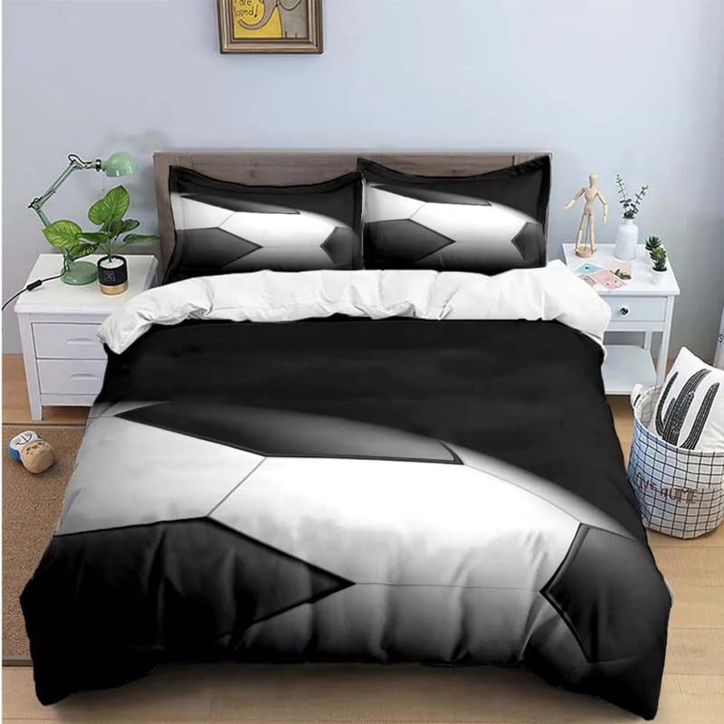 Housse de Couette 240 x 260 Football Noir avec 2 Taies d'Oreiller 65x65 en Microfibre 110g