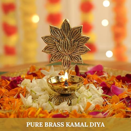 Image of Behoma 100% Pure Brass Lotus Diya for Puja | Kamal Deepak Deepam for Pooja Room, Tample,Mandir,Office | Deep for Home Decoration