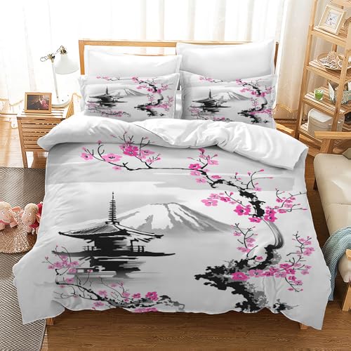 CXYXHW Parure de lit au Motif Fleurs Cerisier 3 Pièces,Housse de Couette Japonais Microfibre,Fermeture Éclair 2 Taies d'oreiller