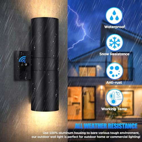 Image of 14 inch Modern Outdoor Wall Light with Dusk to Dawn Sensor, Exterior Light Fixture Wall Mount Waterproof Anti-Rust Cylinder, Up and Down 2 Lights Black Sconces for Porch House Outside Entryway, 2-Pack