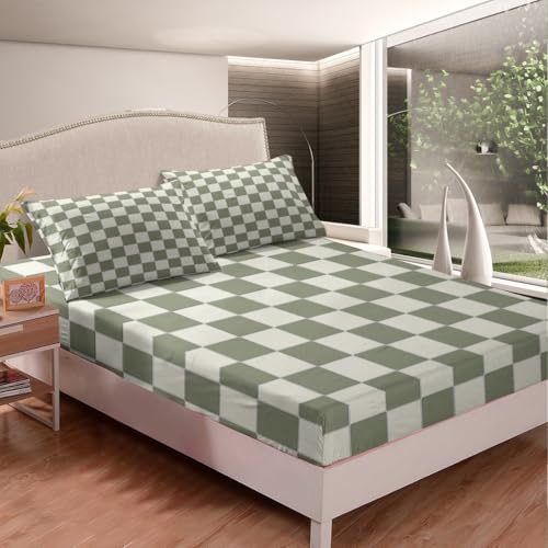 Image of Erosebridal Plaid Bed Sheets Twin Beige Sage Green Checkerboard Bedding Geometric Checkered Sheet Set for Kids Boys Girls, Aesthetic Grid 1 Fitted Sheet 1 Flat Sheet 1 Pillow Case