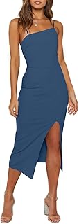 Women's Adjustable Spaghetti Straps Sleeveless High Waist Split Midi Bodycon Cocktail Party Dress
