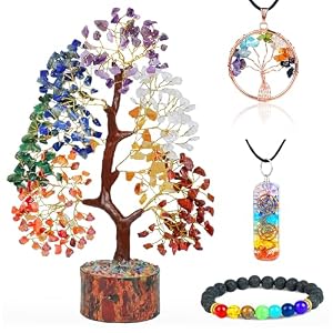 28cm Lebensbaum 7 Chakra Set mit Heilsteinen, Halskette + Orgonit + Armband | Edelstein-Baum