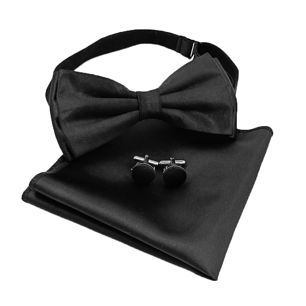 utf Mens Solid Color Double Fold Pre-tied Bow Tie and Pocket Square Cufflink Set-picture-54