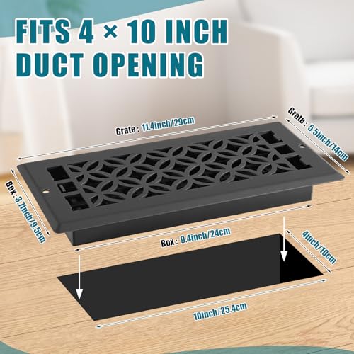 Image of 10 Pcs 4x10 Inch Heavy Duty Floor Register - Decorative Savannah Design Vent Covers - Walkable Adjust Air Supply Lever Steel Airflow Floor Vents with Screws for Home Heater Grilles (Black)