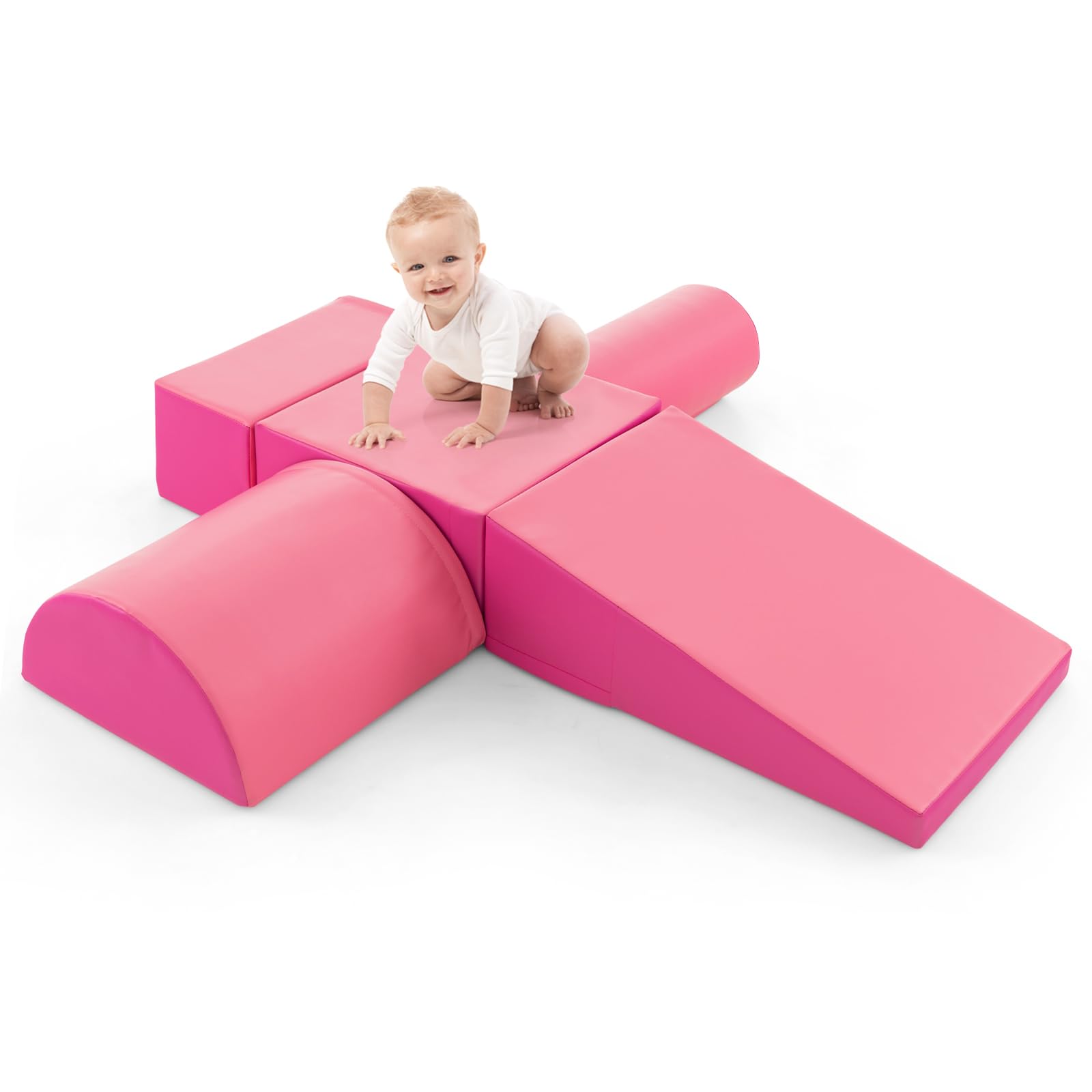 HONEY JOY 5-Piece Climb and Crawl Playset, Soft Climbing Foam Block Activity Play Structure Gym Equipment for Infant Baby, Color Coordination, Waterproof Indoor Climbing Toys for Toddlers (Pink)