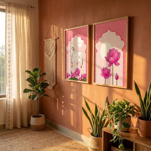 Image of Livin'luxe Set of 2 Pink Kamdhenu Cow Lotus Wall Paintings for Living Room Bedroom Home Decor with Premium Wooden Color Synthetic Frame (13.5 x 19.5 Inch) NM02-58