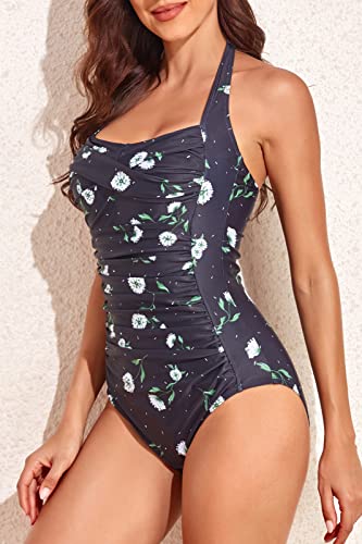 Image of Smismivo Tummy Control Swimwear Halter One Piece Slimming Vintage Retro Swimsuit Womens Ruched Push Up Bathing Suit