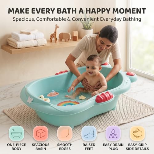 Image of StarAndDaisy Baby Bath Tub for 0-5 Years, Spacious Baby Bathtub with Smooth Rounded Edges, Raised Base, Easy Drain Plug, One-Piece Design, Infant Bath Tub for Newborns & Toddlers