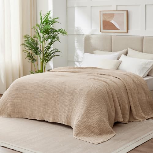 Image of 100% Cotton Muslin Blanket Queen 90 inch x 90 inch, 6 Layers Breathable and Lightweight Cotton Throw Blanket for Bed, Soft Quilt Bedspread Coverlet, Gauze Blanket for Adults All Season, Beige Linen