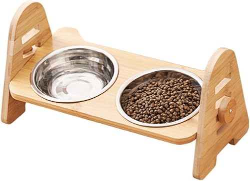 uuClub 猫犬用食器ペットボウルスタンド。フードボウル、ネコ用ボウル、ねこのエサ入れとして最適。滑り止め加工付き、皿をしっかり支えるスタンド。ねこの給食に便利。小型犬用セラミックフード用スタンド、高さ調整が可能で竹製。ねこご飯用スタンド。陶製フードボウ