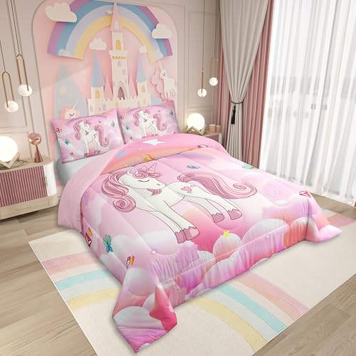 Image of Erosebridal Unicorn Bedding Set for Girls King Size Pink Purple Unicorn Comforter Set with Rainbow Diamond Galaxy Stars Fantasy Girls Room Decor Rainbow Unicorn Duvet Insert Reversible Quilt