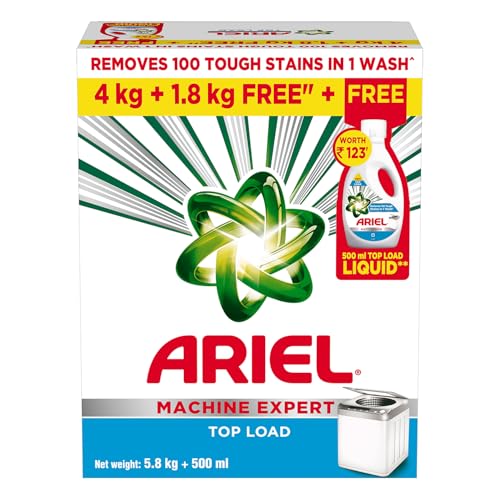 Ariel Matic Machine Expert Detergent Powder Top Load - 4Kg + 1.8 Kg + 500ml Liquid free | Removes 100 Tough Stains in 1 wash | Specially Designed for Washing Machines | Fresh Fragrance
