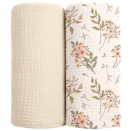 Image of lulumoon Muslin Swaddle Blankets for Baby: Soft Cotton Newborn Receiving Blankets - Floral Print Nursery Gift Set for Baby Girls(White Flower)