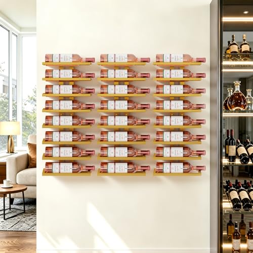 Image of Hoctieon 3-Set 8 Tier Wall Mount Wine Rack (24 Tiers), Wall Racks for Wine Bottles Display and Storage, Hanging Bottle Organizer for Living Room, Dining Room, Wine Cellar, Bar, Gold