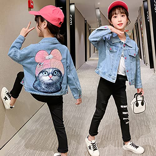 ASHER FASHION Girls Dinim Jacket Classic Sequined Cat Pattern Basic Button Down Jeans Tops Girls’ Outwear Coat (1-13Y)4