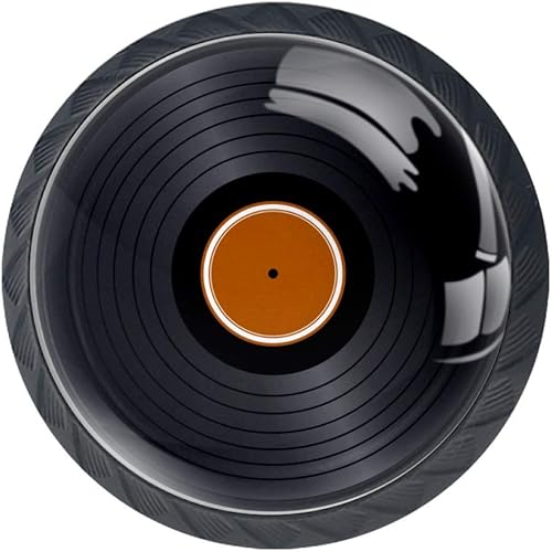 Miniatura 1 de Juego de 4 piezas de herrajes redondos para armarios, pomos redondos de vinilo con impresión de discos retro, cajón, aparador, armario, tiradores