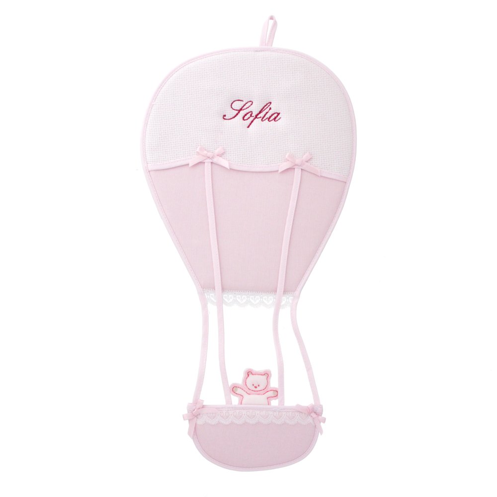 Coccole- Fiocco nascita Coccarda per nascita mongolfiera con nome personalizzato (Rosa)