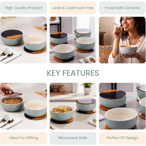 Image of The Earth Store Grey Mellow Ceramic Bowl With Lid /Coaster Set of 4, 450 ML Each | Dishwasher & Microwave Safe Serving Bowls for Snacks, Dal, Pasta, Vegetables and More | Perfect for Gifting, Daily Use