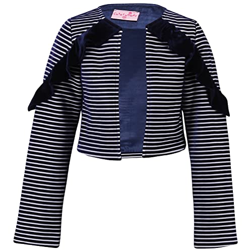 Image of Cutecumber Girls Velvet Solid Navy Dress with Velvet Striped Short Jacket. CC5661D-NAVY