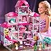 DULONIME 4-Storey House for Girls Ages 3-7, Villa Playset with 2 Dolls and 12 Room, Furniture and Accessories, Pretend Indoor Playset Toddler Toys, Birthday Girls Toys for Ages 4-8 6-8
