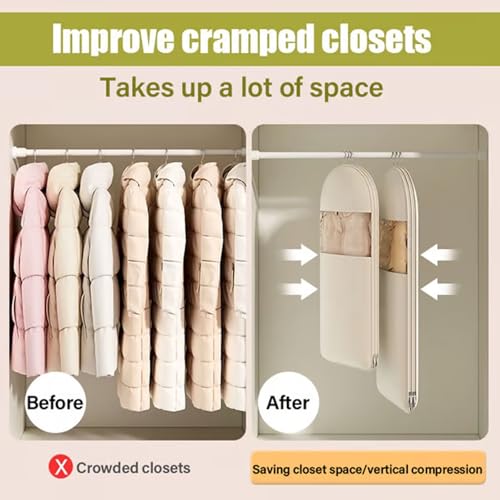 Space Saving Hanging Garment Bag with Self Compression Zipper, Dust-Proof Clothes Storage Bags for Wardrobe Storage, Clear Breathable Dress Bags, Garment Protector Covers for Coats, Suits, Gowns(Beige3