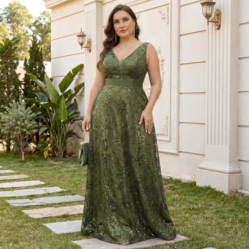 Image of Plus Size Formal Dresses for Women with Embroidery Sequin and V-Neck, A-Line Maxi Dress for Wedding and Cocktail