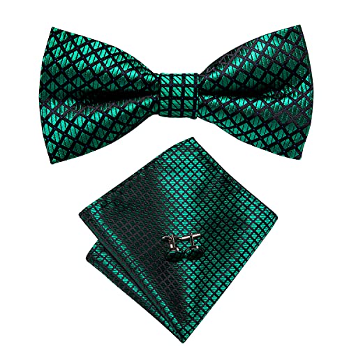 Image of Hi-Tie Pre-Tied Bowties for Men Silk Bow Ties and Pocket Square Cufflinks Set Mens Wedding Party Formal,Black Green Plaid