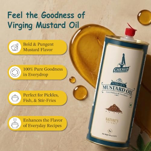 Image of Chekko Cold Pressed Mustard Oil (2 Litre) Tin | Kachi Ghani Yellow Mustard Oil | Pure Wood Pressed Edible Cooking Oil for Frying, Pickles, Sauteing & Traditional Indian Cooking | Natural Unrefined Mustard Oil Bulk Pack