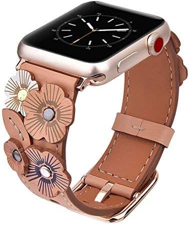 V-MORO Flowers Leather Bands Compatible with Apple Watch Bands 38mm 40mm Series SE 7/6/5/4/3/2/1 with Stainless Steel Buckle Rose Gold Replacement Strap Wristbands Women(Beige, 38mm/40mm)