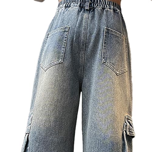 Tween Girls Cargo Jeans-Elastic Waistband Wide Leg Y2k Pants with Big Side Pockets, Baggy Jeans for Girls4