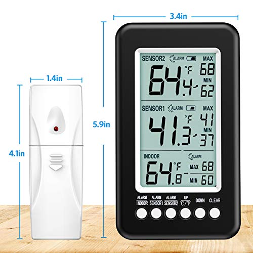 (Upgraded Version) Amir Refrigerator Thermometer, Wireless Digital Freezer Thermometer With 2 Sensors, Indoor Outdoor Thermometer With Audible Alarm Temperature Gauge For Freezer Kitchen Home #TOP3