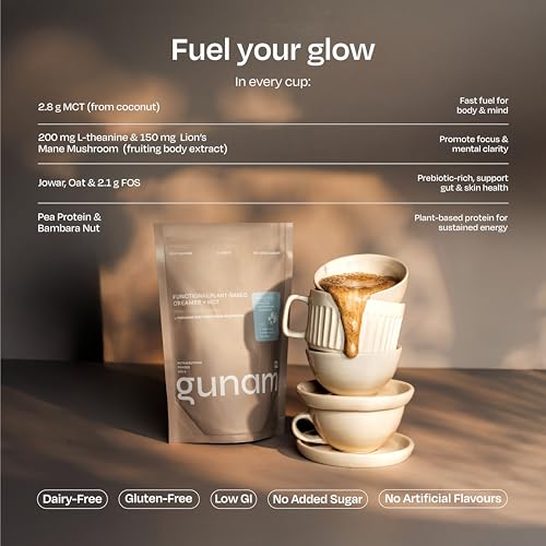 Image of Gunam Functional Plant-Based Creamer + MCT | With Oat, Millet, L-theanine & Lion's Mane Mushroom| Creamer Powder to Support Gut & Skin Health | Gluten Free, Low GI & No Added Sugar | (225g Each) | Pack of 2
