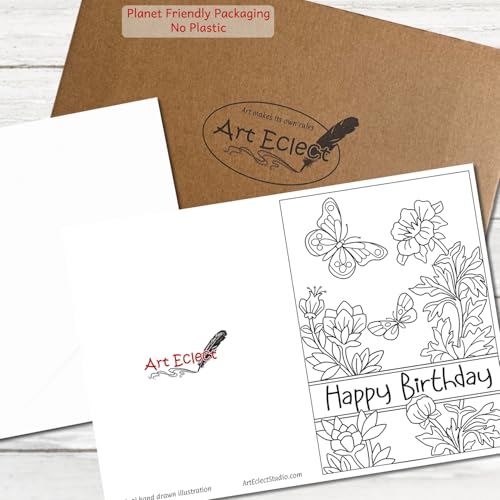 Image of Art Eclect Birthday Cards to Color for Adults - Relaxing Coloring Designs | Happy Birthday Coloring Cards - 10 Different Designs - 10 White Envelopes Included (Birthday /10)