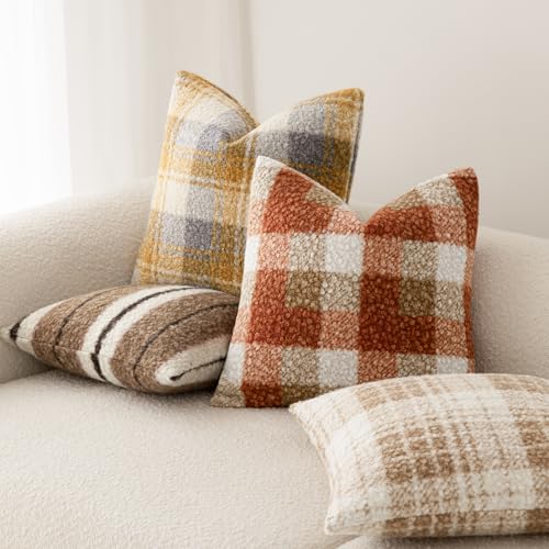 Image of Foindtower Pack of 2 Soft Faux Fur Boucle Throw Decorative Pillow Covers Fuzzy Accent Striped Cushion Sherpa Boho Farmhouse Pillowcase for Couch Sofa Bed Living Room Home Decor 20x20 Inch,Cocoa Brown