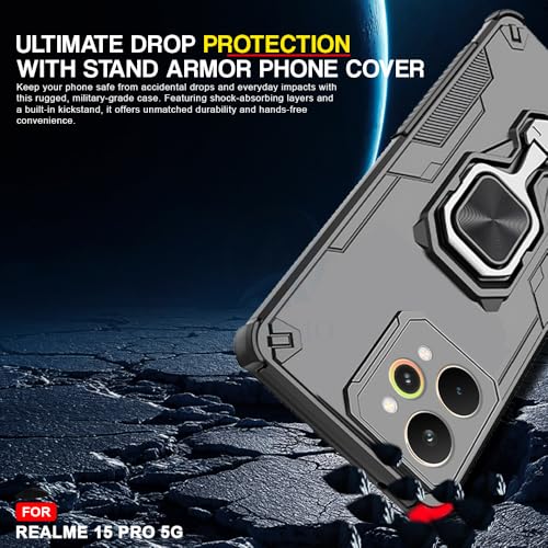 Image of AESTMO Armor Back Cover for Realme 15 Pro 5G | Ring Holder & Kickstand & Camera Protection in-Built | 360 Degree Protection Back Case Cover (Black)